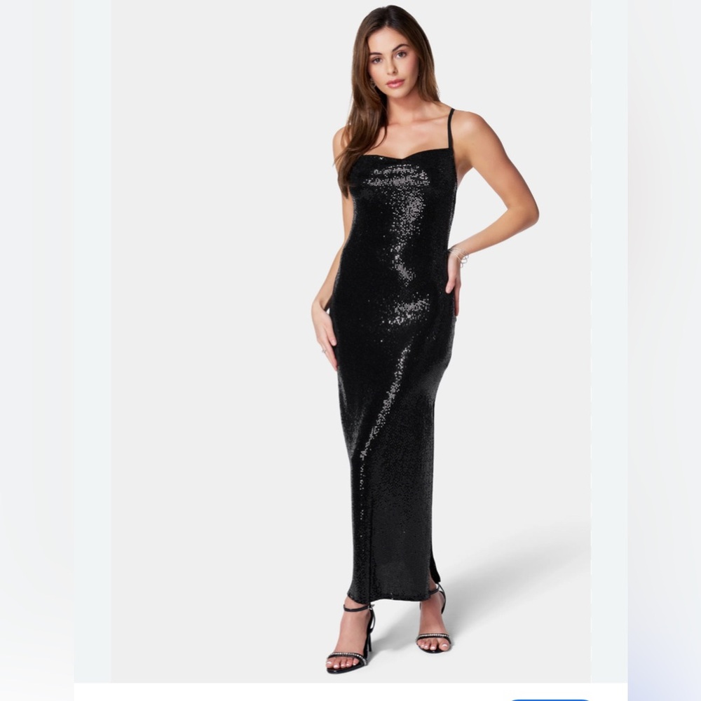 BEBE 90s Y2K COWL NECK SHIMMER MIDI DRESS side slit size S glam party elegant